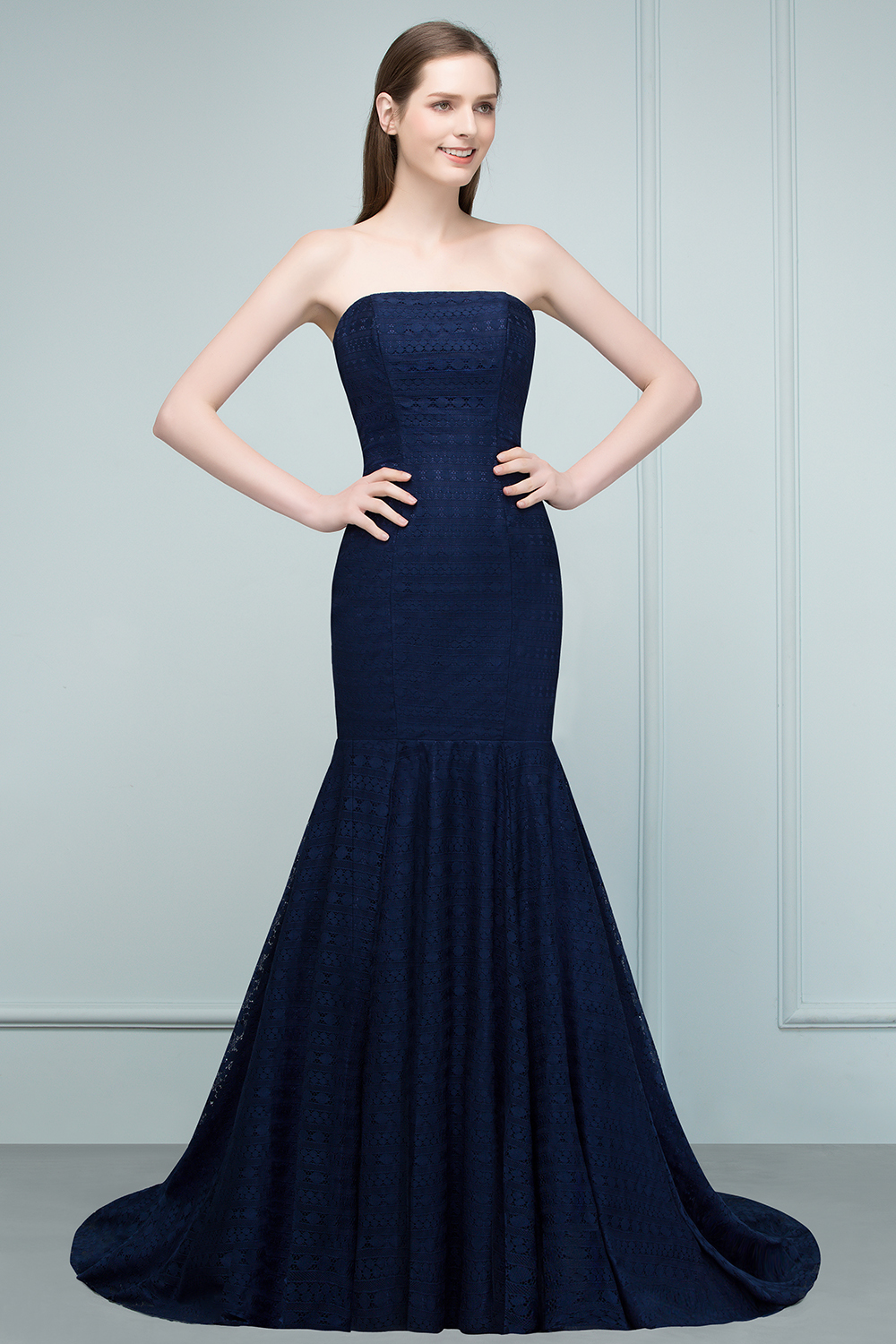 BMbridal Elegant Navy Strapless Lace Mermaid Evening Prom Dress Long Online