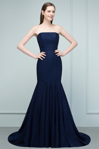 BMbridal Elegant Navy Strapless Lace Mermaid Evening Prom Dress Long Online