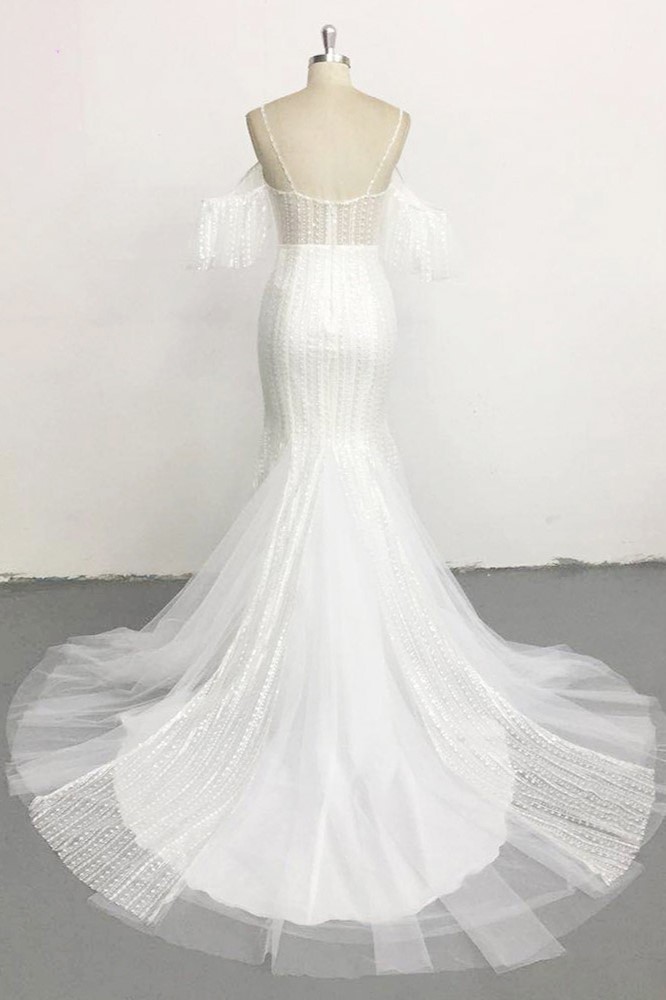 BMbridal Stylish Sleeveless V-Neck Ivory Wedding Dresses Spaghetti Straps Pearls Bridal Gowns On Sale-BMbridal