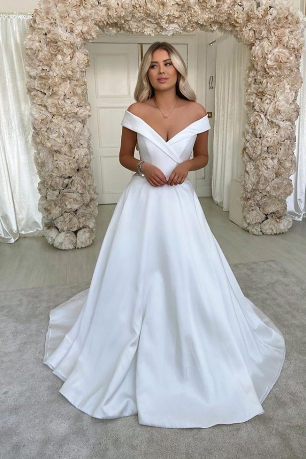 Gorgeous Satin Long A-Line Off-the-Shoulder Wedding Dress