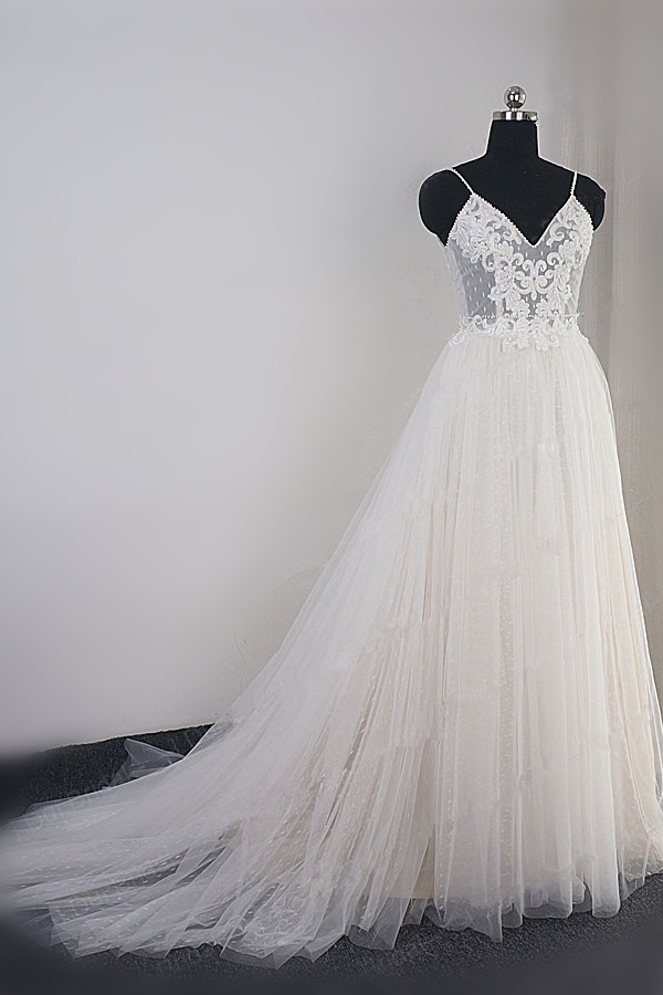 BMbridal Affordable Spaghetti Straps Tulle Ruffle Wedding Dress V-Neck Lace Appliques Bridal Gowns On Sale-BMbridal
