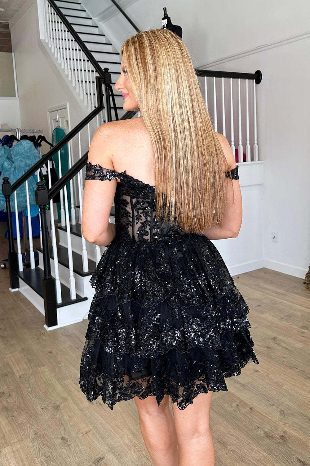 Sparkly Blue Corset Tiered Lace A-Line Short Homecoming Prom Dress