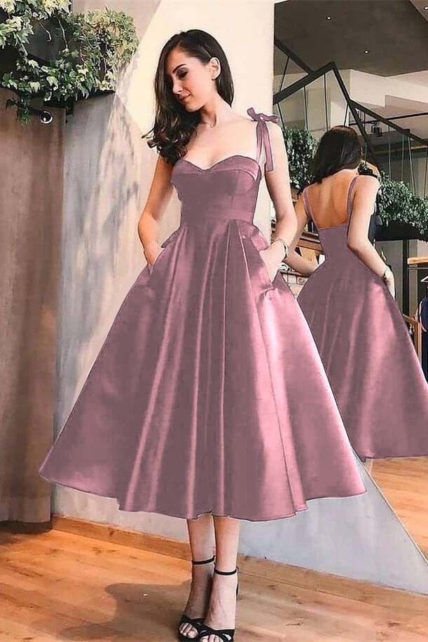 Sweetheart Black A Line Spaghetti Strap Tea Length Evening Dress With Pockets