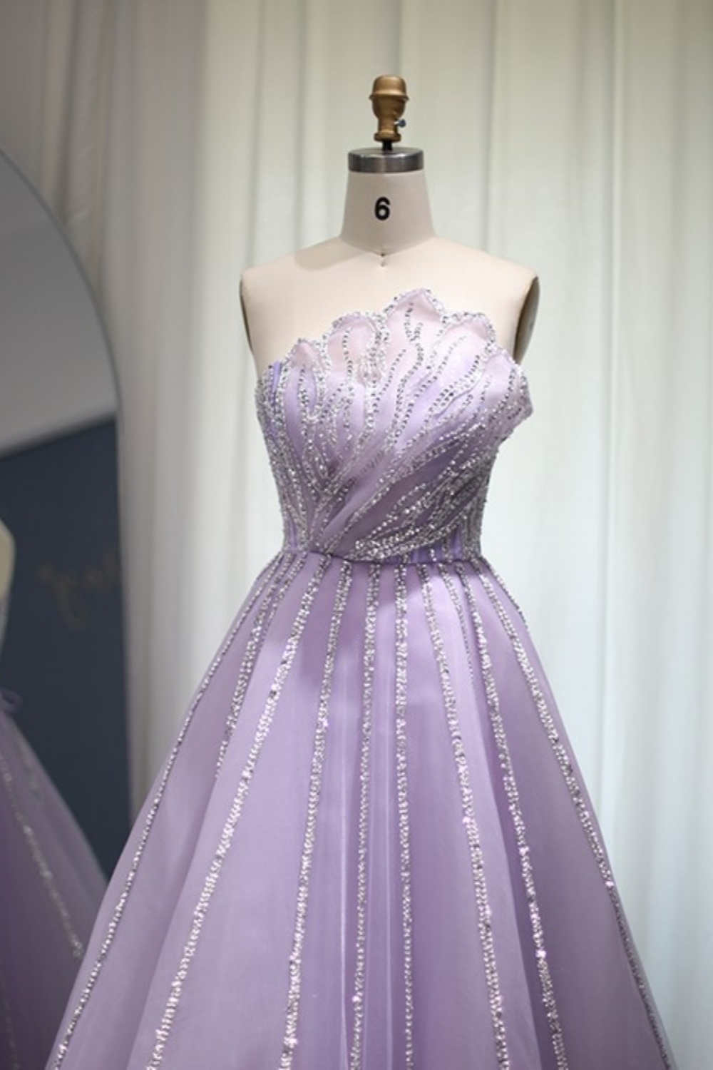 Bmbridal Lilac Tulle Strapless Sleeveless Floor-Length Prom Dresses with Ruffles