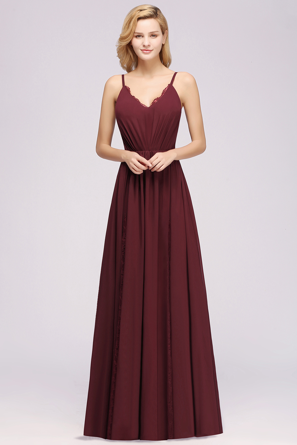 BMbridal Elegant Spaghetti Straps Long Bridesmaid Dress Lace V-Neck Maid of Honor Dress-BMbridal