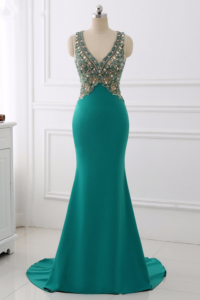 BMbridal Sexy V-Neck Appliques Mermaid Prom Dresses Sleeveless with Crystals On Sale
