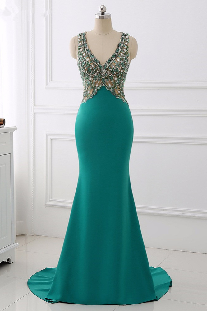 BMbridal Sexy V-Neck Appliques Mermaid Prom Dresses Sleeveless with Crystals On Sale