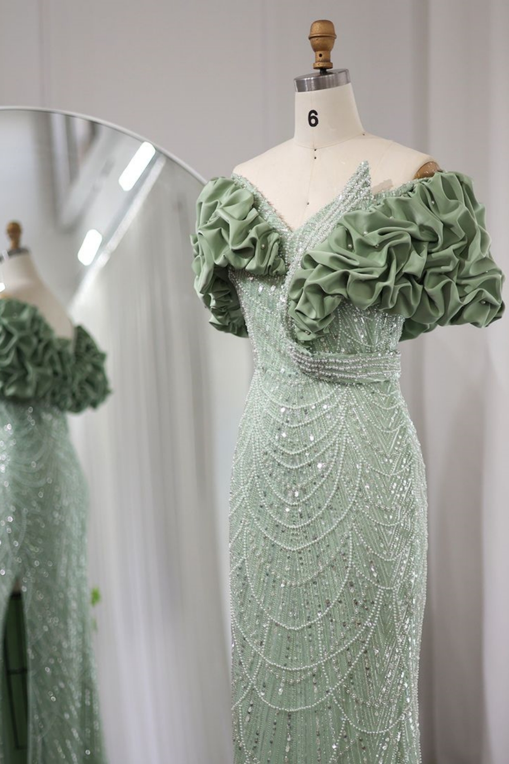 Bmbridal Dusty Sage Sweetheart Short Sleeves Prom Dresses with Ruffles