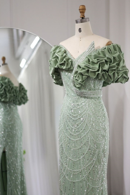 Bmbridal Dusty Sage Sweetheart Short Sleeves Prom Dresses with Ruffles