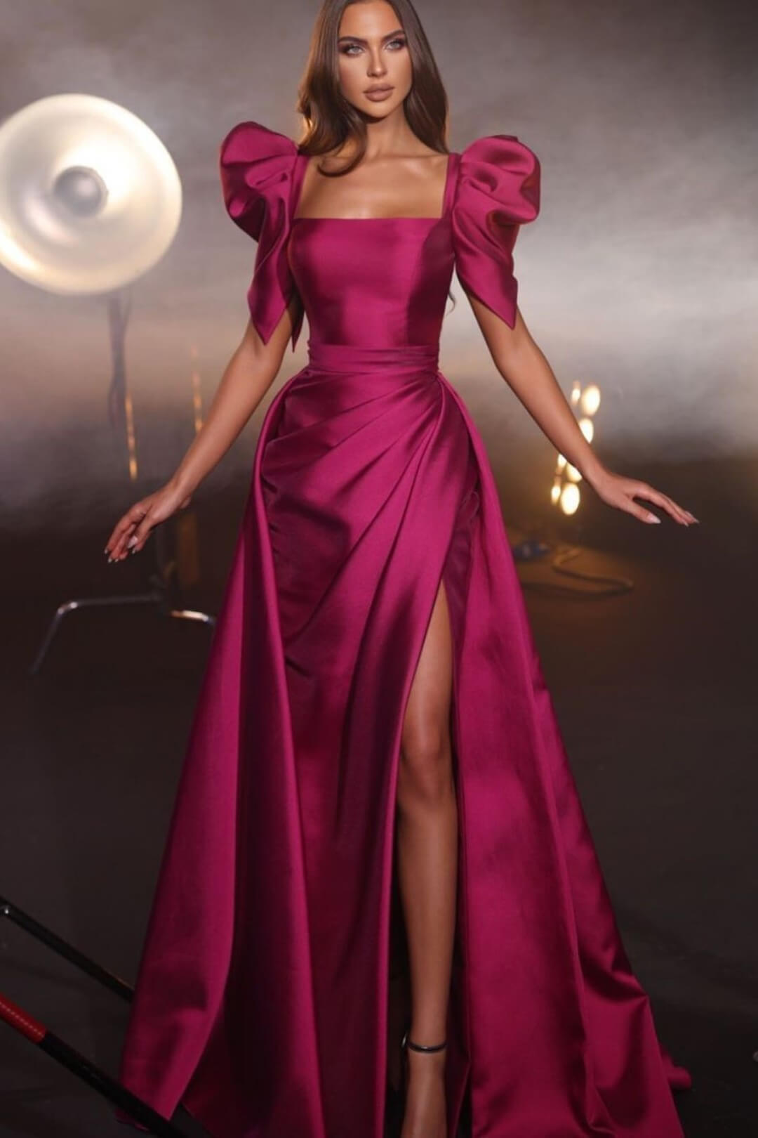 Charming A-line Square Cap Sleeve Ruffles Satin Prom Dress With Split