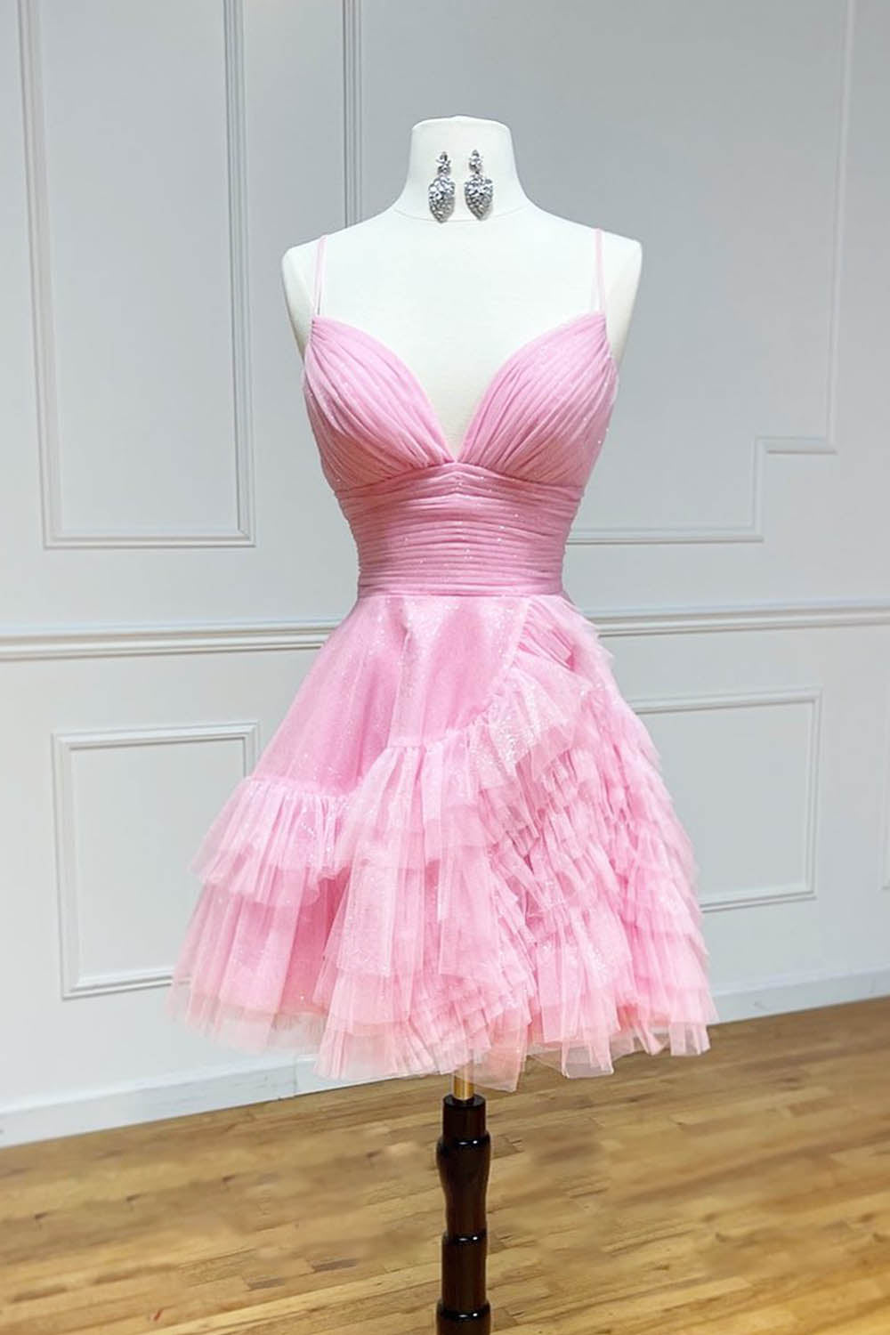 Glitter Pink Tulle A-Line Short Homecoming Dress with Ruffles-BMbridal