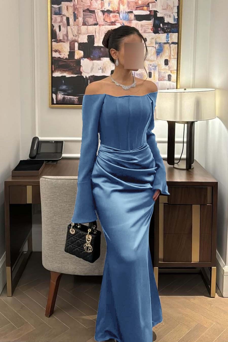 Strapless Long Sleeves Mermaid Long Prom Dress With Pleated