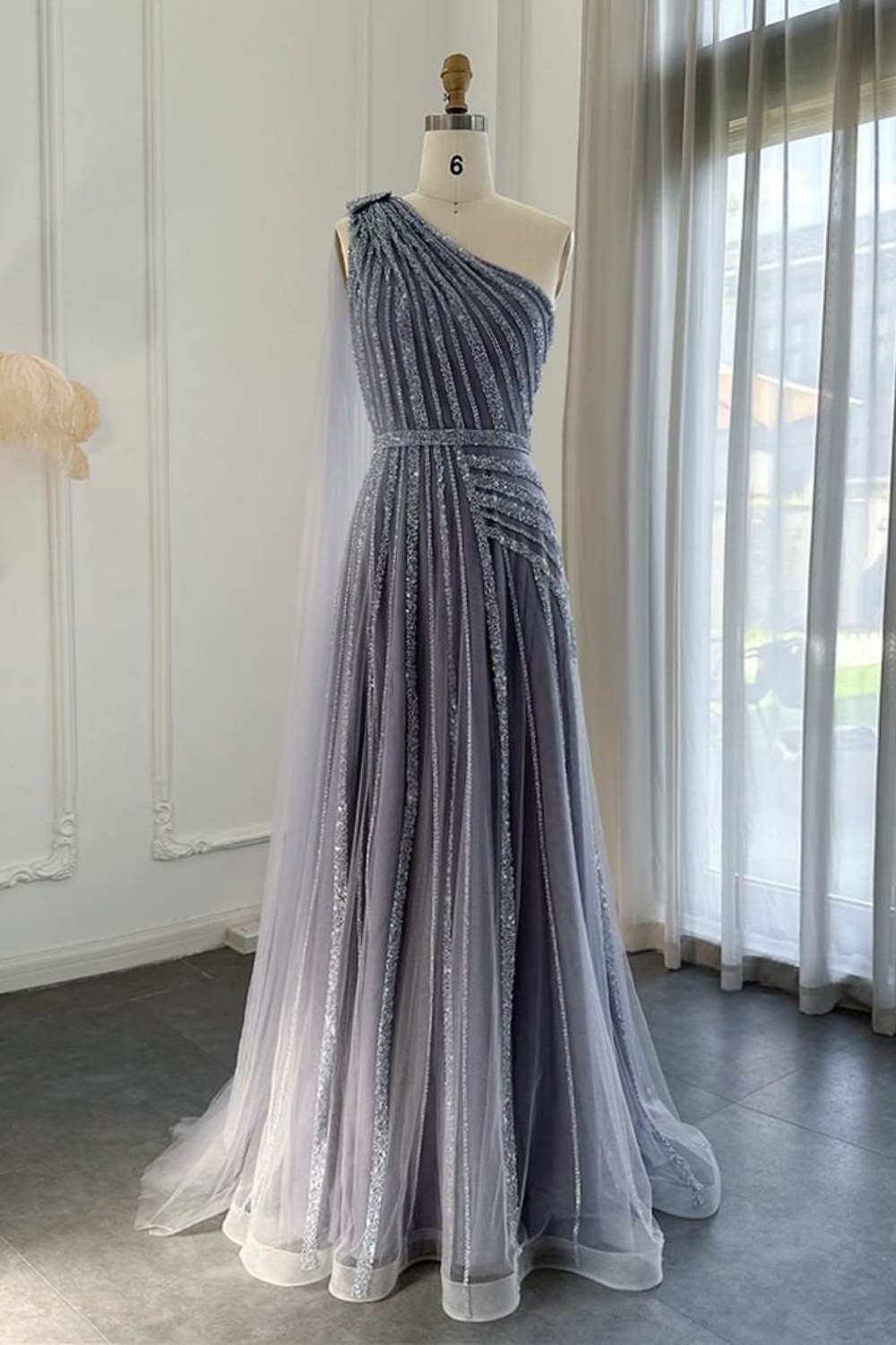 Bmbridal A-Line Dusty Sage One Shoulder Tulle Sleeveless Prom Dresses