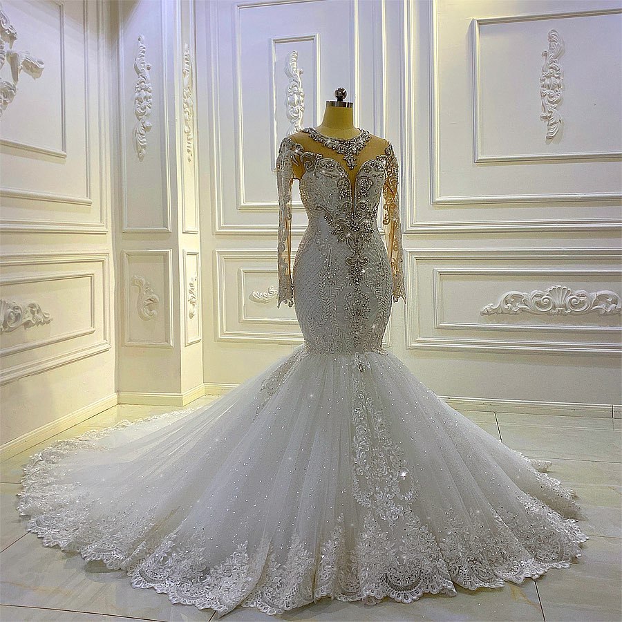 Gorgeous Long Sleeves Pearl Sequins Bateau Mermaid Wedding Dress with Lace Appliques Beading