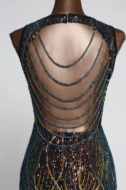 BMbridal Luxury V-Neck Backless Sequins Mermaid Prom Dresses with Front Slit