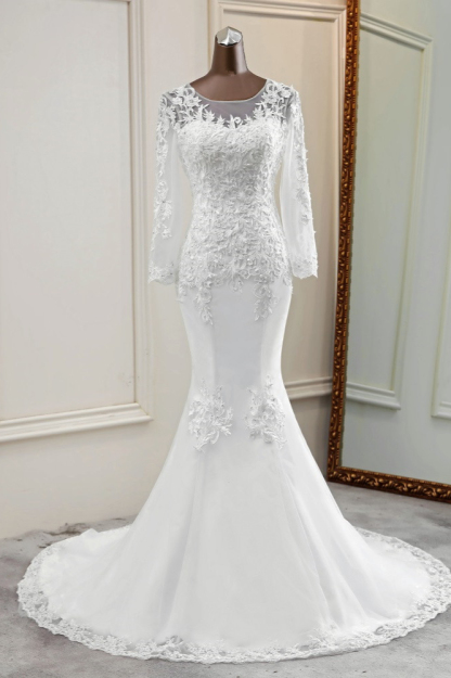 BMbridal Elegant Jewel Lace Mermaid White Wedding Dresses Long Sleeves Appliques Bridal Gowns