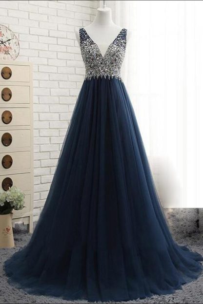 BMbridal Affordable Dark Navy Tulle V-Neck Prom Dresses Ruffle Appliques beadings Party Dresses On Sale-BMbridal