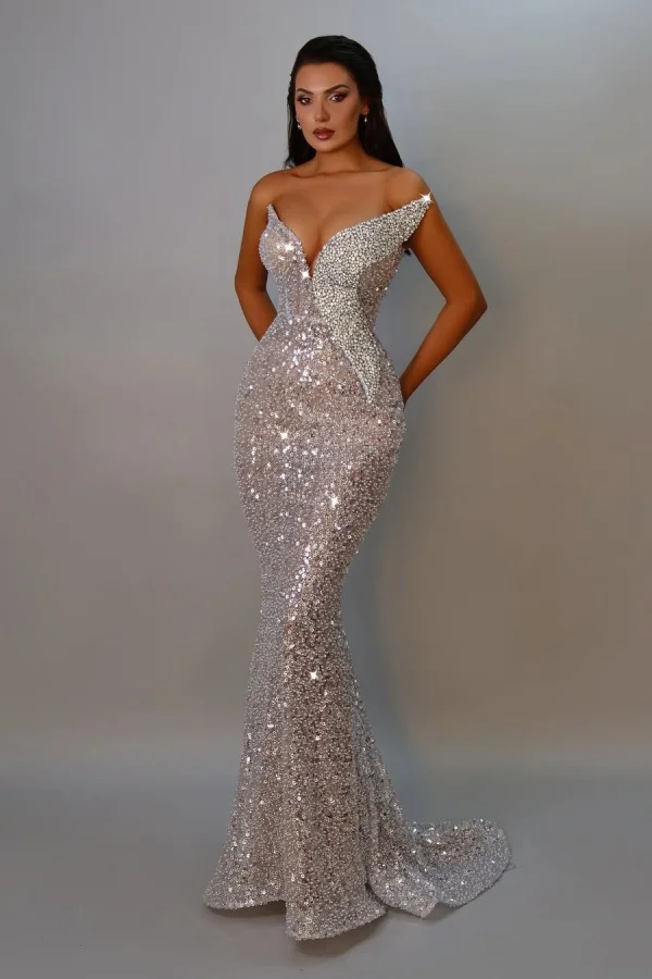 Sequins Strapless Sleeveless Long Mermaid Prom Dress With Pleated