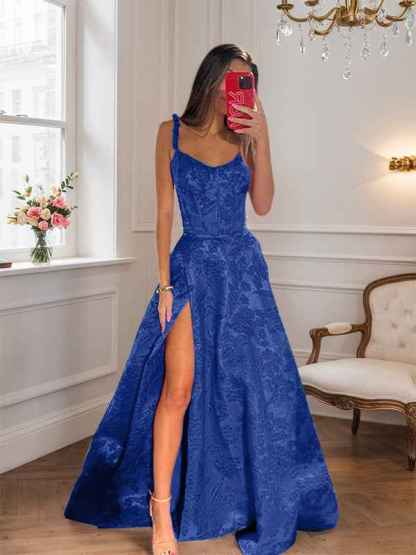 Hot Pink A Line Floral Long Prom Dress with High Slit