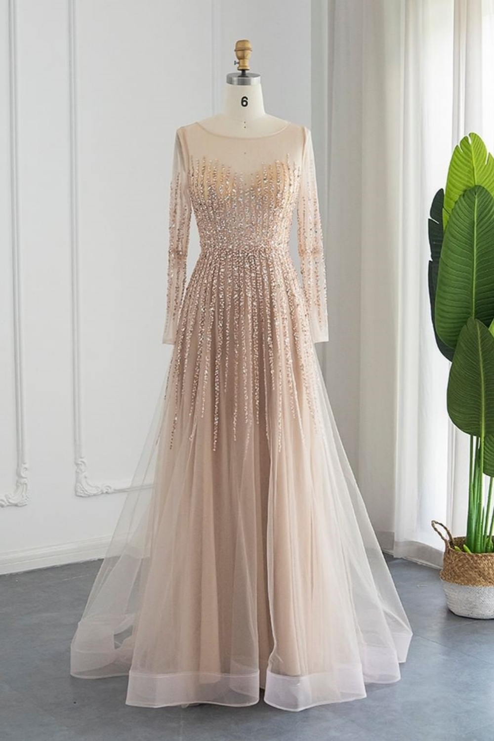 Bmbridal Champagne A-Line Long Sleeves Scoop Prom Dresses with Ruffles