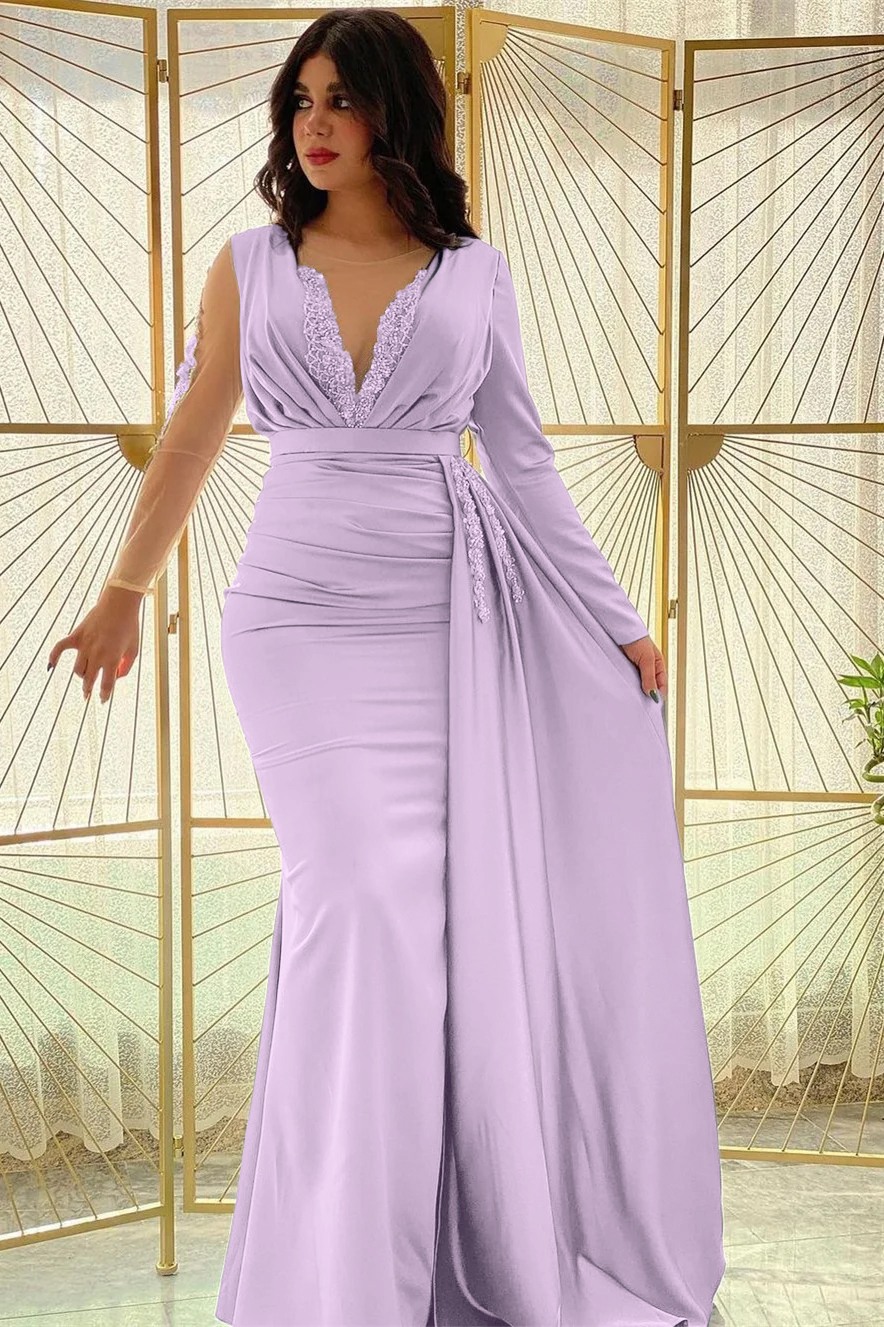 Mermaid Long Sleeves Beadings Pleated Prom Dress Side Split With Ruffles