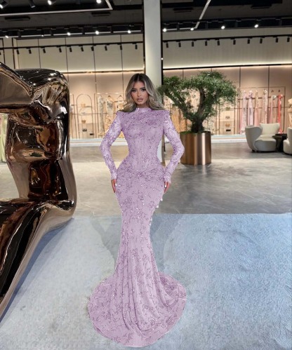 High Neck Long Sleeves Long Mermaid Prom Dress With Beading Pleated