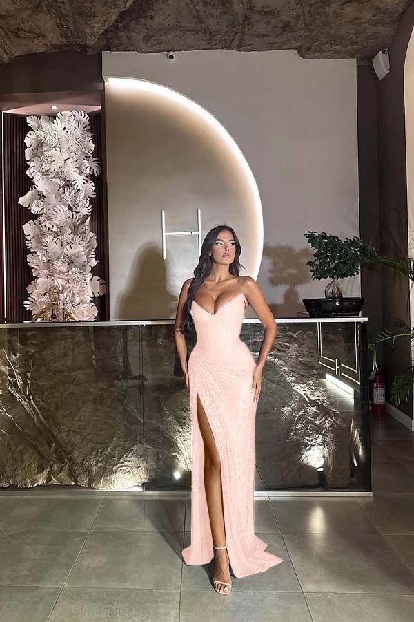 Sequin Strapless Sleeveless Long Split Prom Dress With Pleated