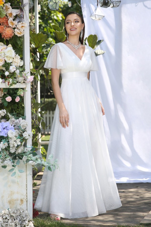 BMbridal Short Sleeves White Birdesmaid Dress Long Chiffon V-Neck