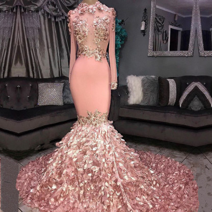 Bmbridal Pink Long Sleeves Mermaid Prom Dress With Appliques