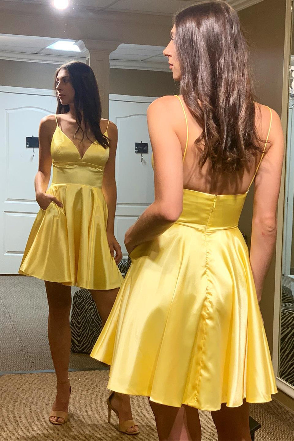 Simple A-Line Yellow Homecoming Dress with Pockets-BMbridal