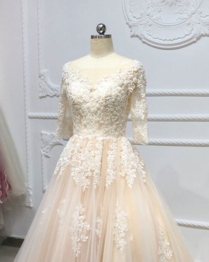 BMbridal Gorgeous Champagne Tulle Half Sleeve Long Wedding Dress White Lace Applique Bridal Gowns On Sale-BMbridal