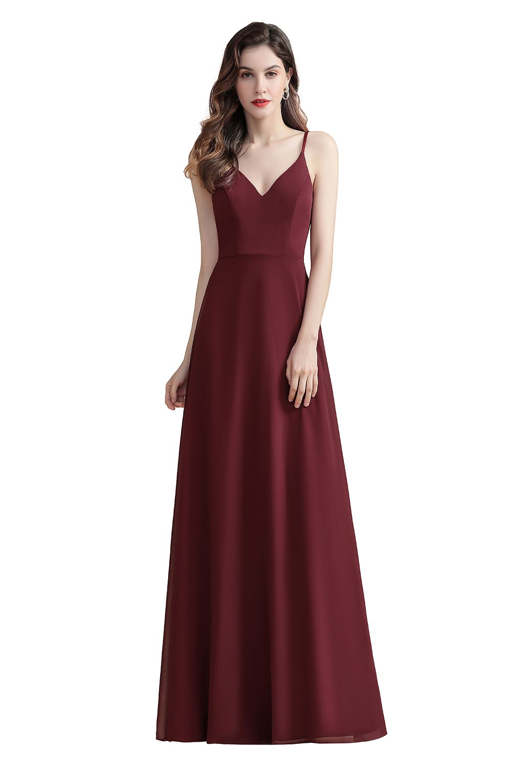 BMbridal Elegant V-Neck Burgundy Chiffon Bridesmaid Dress Lace Sequins Spaghetti Straps Evening Dress-BMbridal
