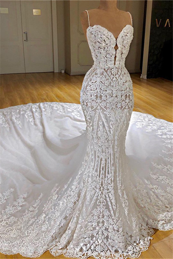 Modern Lace Mermaid Spaghetti-Straps Wedding Dress with Train Appliques