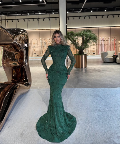High Neck Long Sleeves Long Mermaid Prom Dress With Beading Pleated