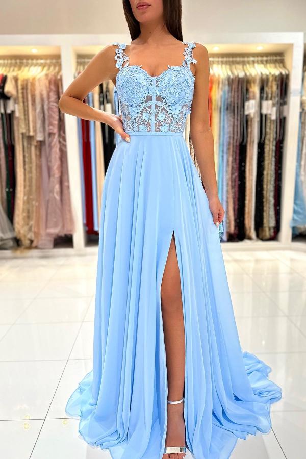 Bmbridal Sky Blue Sleeveless Long Prom Dress Slit Sleeveless With Appliques-BMbridal