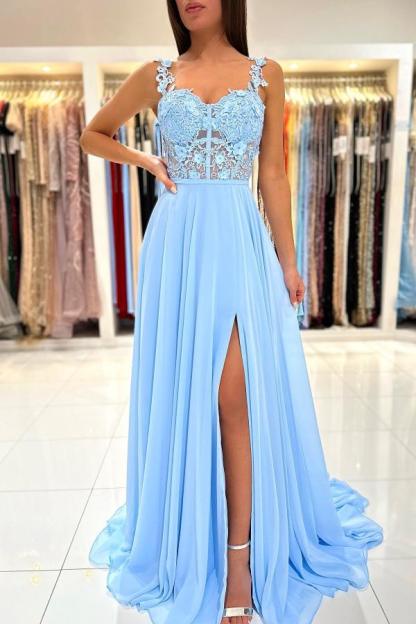 Bmbridal Sky Blue Sleeveless Long Prom Dress Slit Sleeveless With Appliques
