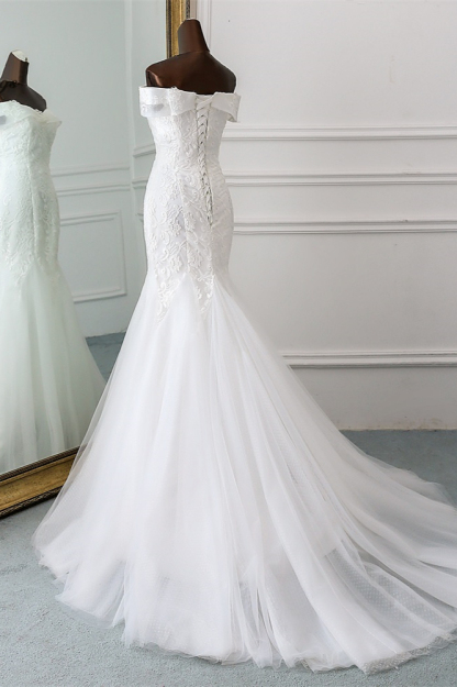 BMbridal Glamorous Tulle Lace Off-the-Shoulder White Mermaid Wedding Dresses Online