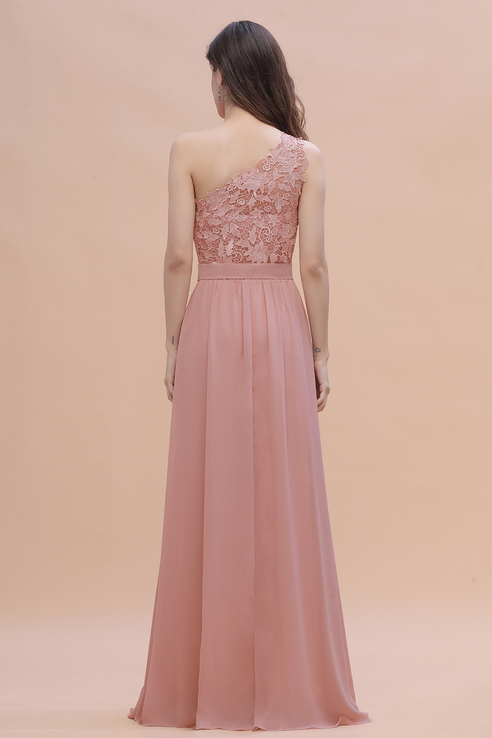 BMbridal Chic One Shoulder Chiffon Lace Vintage Mauve Bridesmaid Dress On Sale-BMbridal
