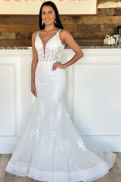 Gorgeous White V-Neck Mermaid Evening Dress Sleeveless With Lace Appliques