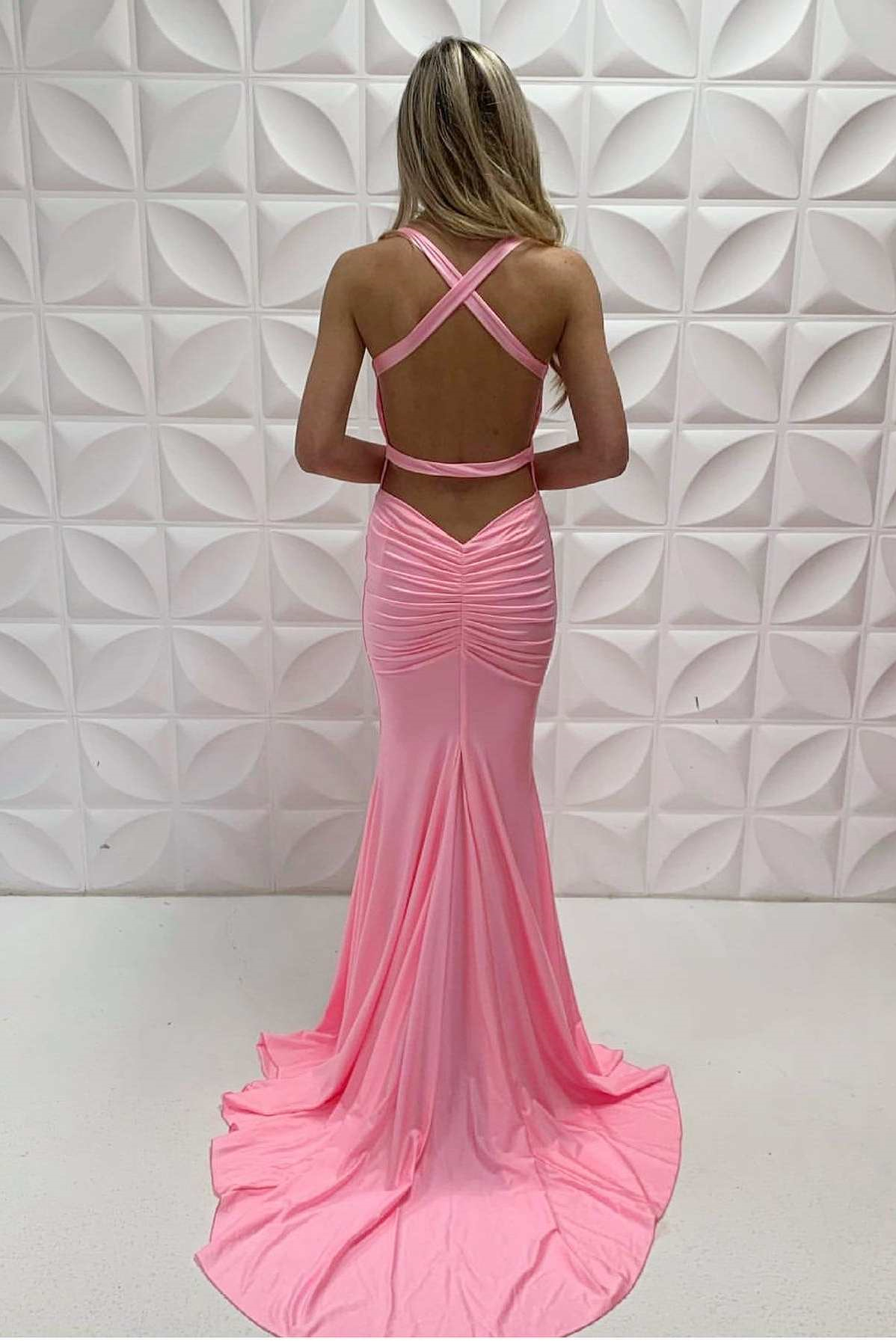 Simple V-Neck Sleeveless Pink Prom Dress Mermaid Long Online