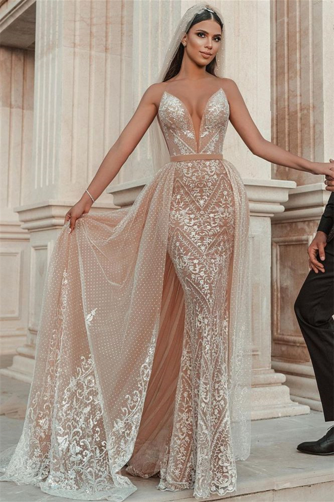 Spaghetti-Strap Mermaid Wedding Dress with Applique Ruffles