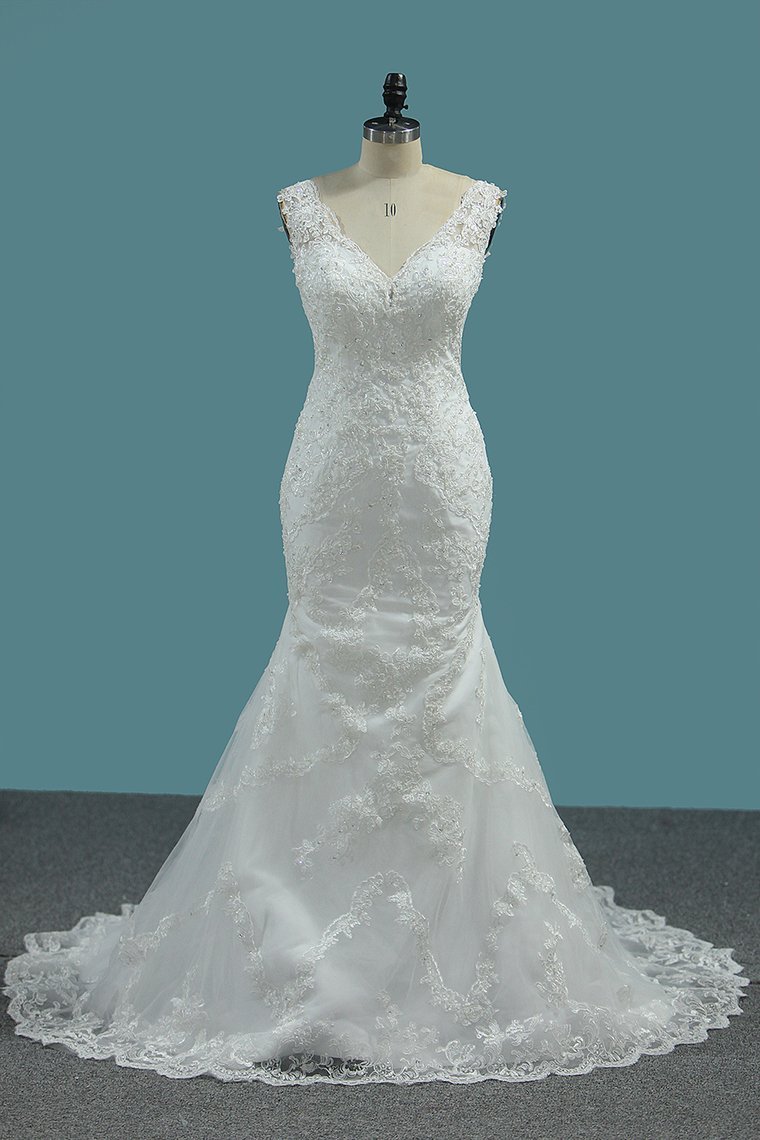 BMbridal Elegant Mermaid V-neck Tulle Wedding Dress White Lace Appliques Beadings Bridal Gowns Online-BMbridal
