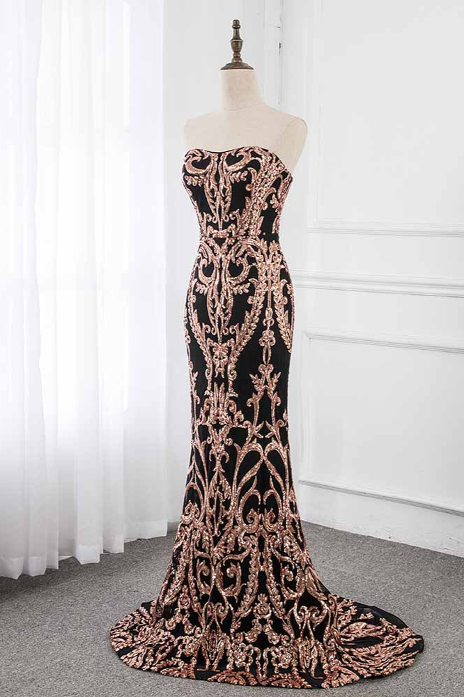 BMbridal Glamorous Strapless Sleeveless Prom Dress with Glod Appliques Online