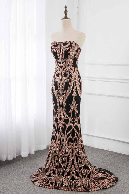BMbridal Glamorous Strapless Sleeveless Prom Dress with Glod Appliques Online
