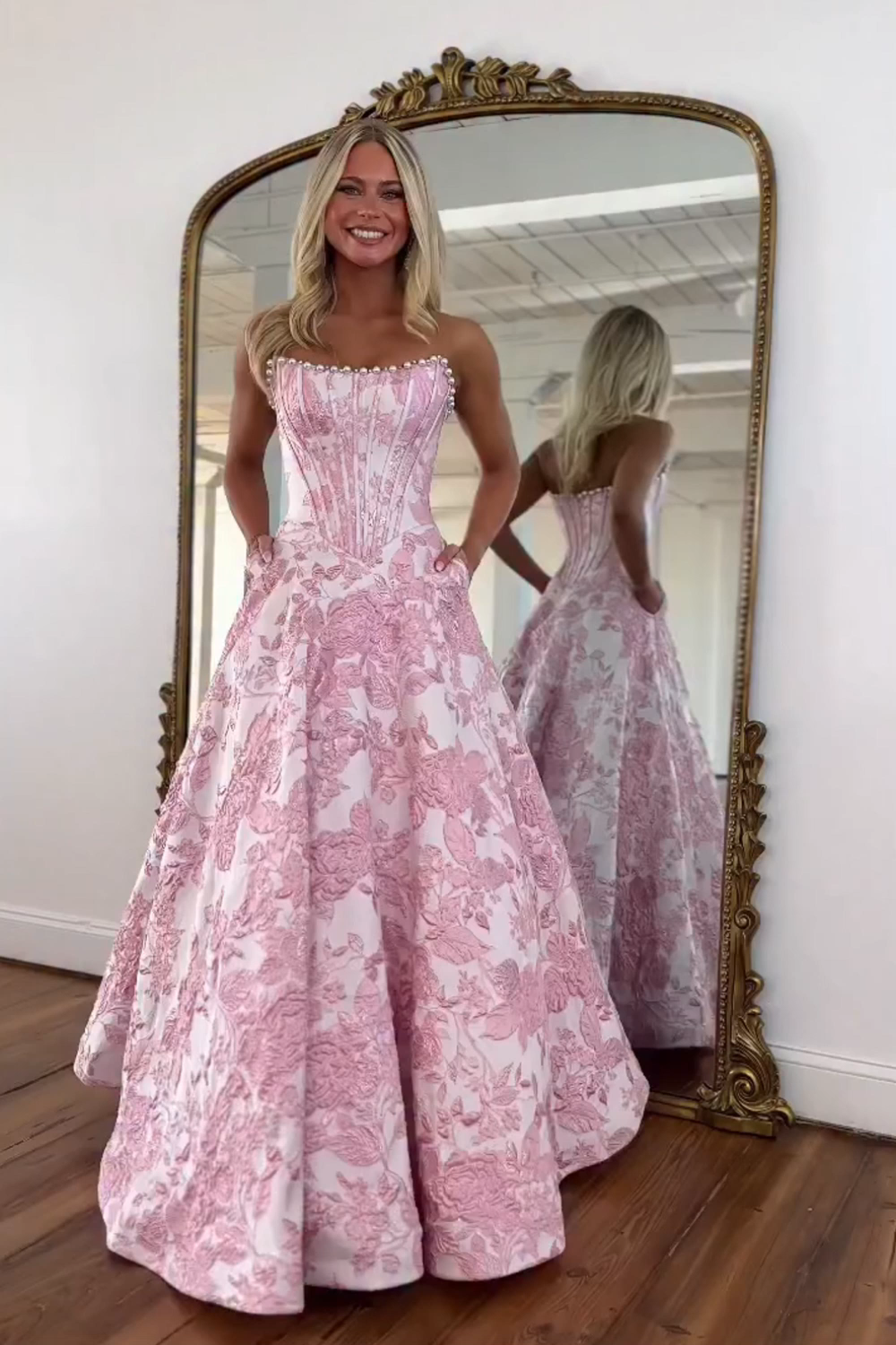 Sparkly Grey Blue Flower Strapless A-Line Long Corset Prom Dress with Beading