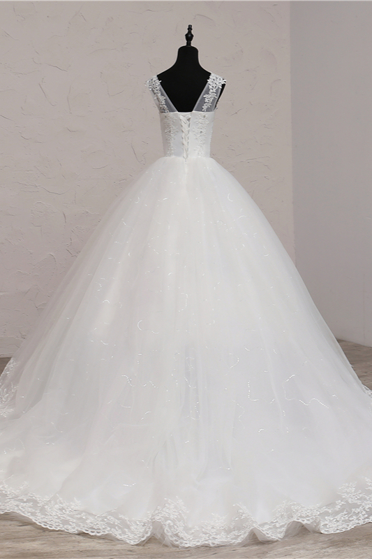 BMbridal Ball Gown V-Neck White Tulle Wedding Dresses Sleeveless Lace Appliques Bridal Gowns with Beadings-BMbridal