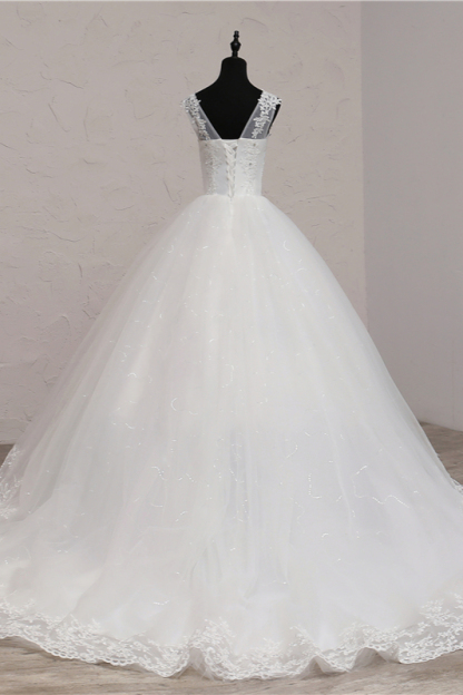 BMbridal Ball Gown V-Neck White Tulle Wedding Dresses Sleeveless Lace Appliques Bridal Gowns with Beadings-BMbridal