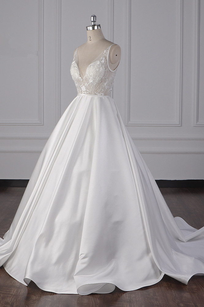 BMbridal Elegant Satin V-Neck Wedding Dress Lace Appliques Sleeveless Bridal Gowns On Sale-BMbridal