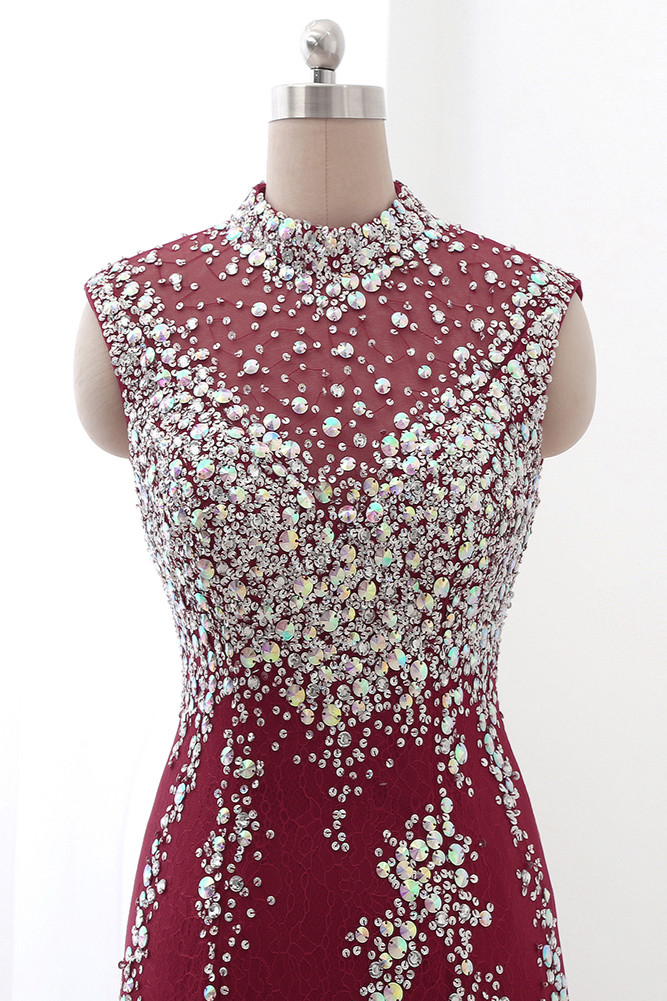 BMbridal Luxury High-Neck Burgundy Mermaid Prom Dresses Sleeveless with White Rhinestones