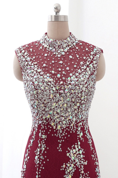 BMbridal Luxury High-Neck Burgundy Mermaid Prom Dresses Sleeveless with White Rhinestones